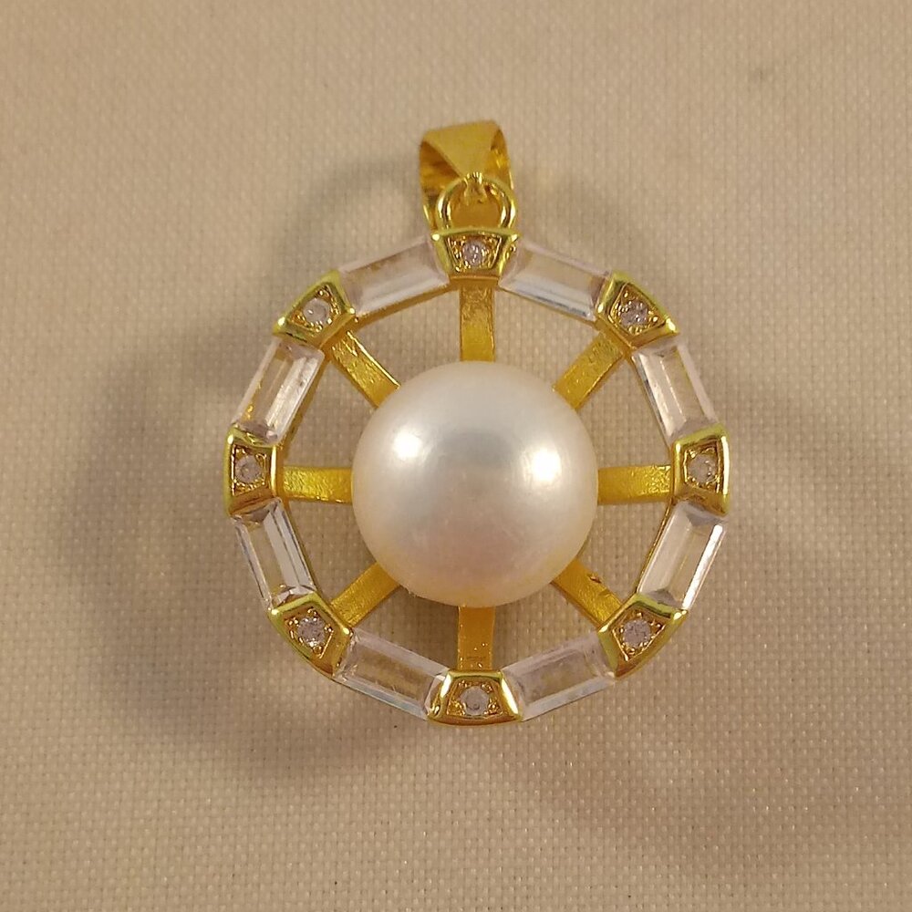 Gold 925 Silver Genuine White South Sea Pearl Diamond Zircon Necklace Pendant - Picture 1 of 8